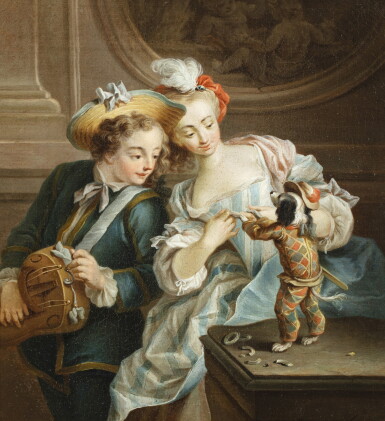 View full screen - View 1 of Lot 634. A young boy and girl dressing up a small dog.