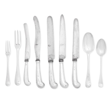 View full screen - View 1 of Lot 267. A Hanoverian pattern silver flatware service, various dates and makers, London and Edinburgh, 1723-1778.