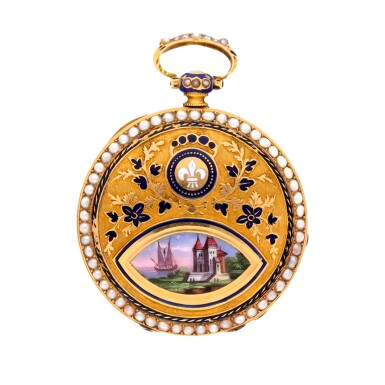 View full screen - View 1 of Lot 178. A gold, enamel and pearl-set open-faced cylinder watch Circa 1845.