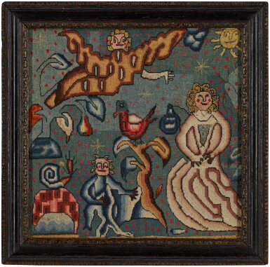 View full screen - View 1 of Lot 313. An allegorical needlework panel, European, 18th century in 17th century style, signed K.F..