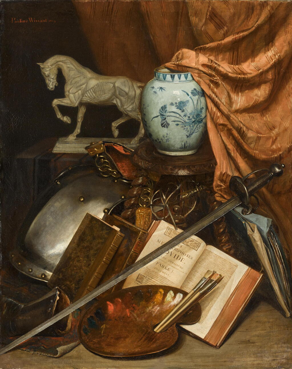 View full screen - View 1 of Lot 336. Still life with an artist's palette, Ovid's Metamorphoses, pieces of armour and a sword.