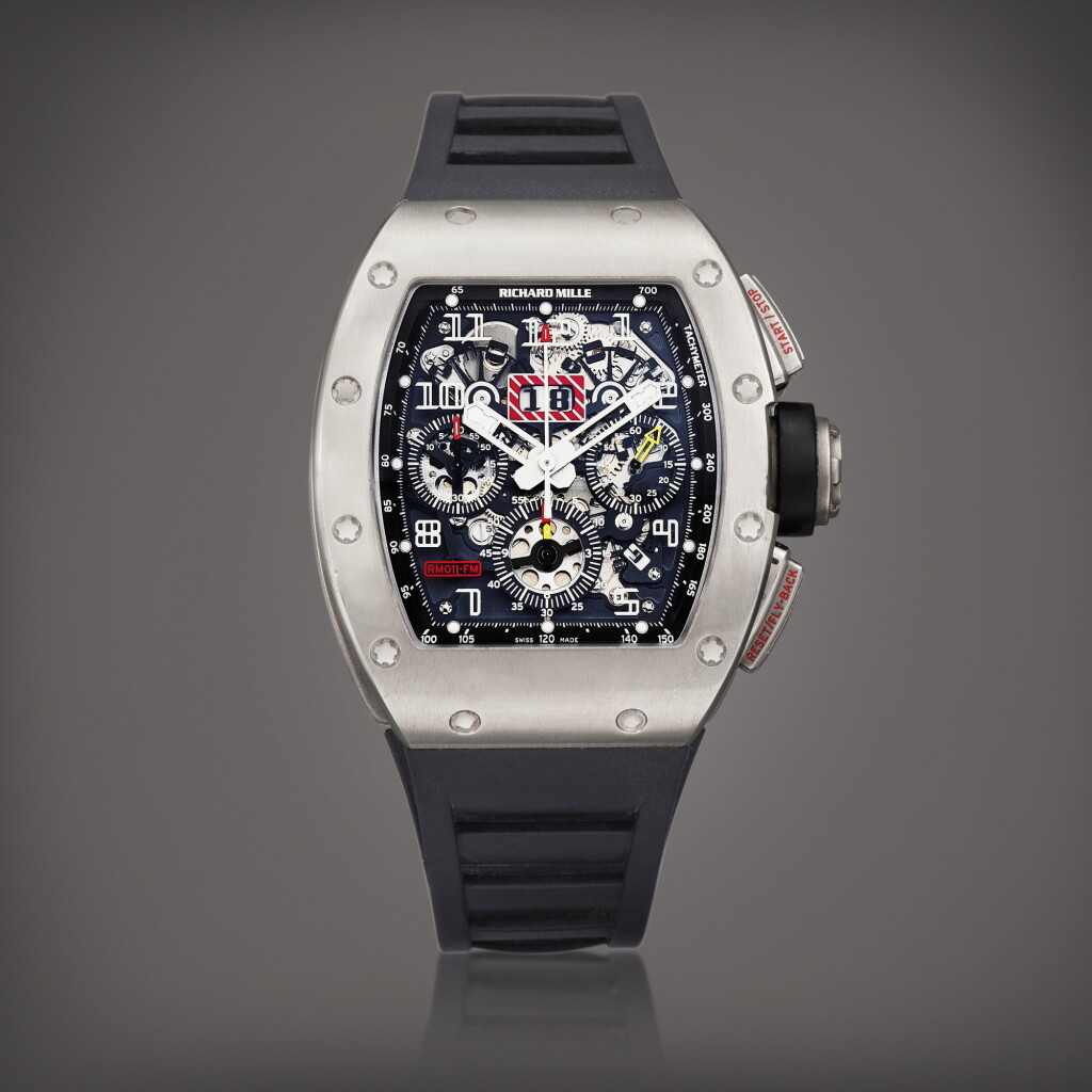 View full screen - View 1 of Lot 2310. Felipe Massa, Reference RM011 | A titanium semi-skeletonised annual calendar flyback chronograph wristwatch with date, Circa 2007 | Richard Mille | Felipe Massa 型號RM011 | 鈦金屬半鏤空年曆飛返計時腕錶,備日期顯示,約2007年製.