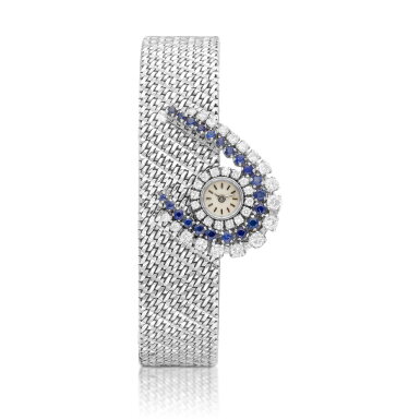 View full screen - View 1 of Lot 8263. A white gold, diamond and sapphire-set bracelet watch, Circa 1970 | 江詩丹頓 白金鑲鑽石及藍寶石鏈帶腕錶,約1970年製.