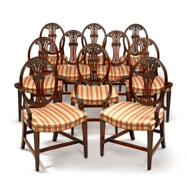 View full screen - View 1 of Lot 598. A SET OF TEN GEORGE III STYLE MAHOGANY DINING CHAIRS.