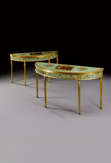 View full screen - View 1 of Lot 15. A pair of George III pale blue and polychrome-painted giltwood side tables, circa 1775, possibly by Mayhew and Ince to a design by Robert Adam, the painted tablets after Angelica Kauffmann and possibly executed by Antonio Zucchi.