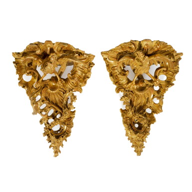 View full screen - View 1 of Lot 31. A Pair of George II Gilt Oak Corner Wall Brackets, one circa 1755, the other late 18th/early 19th century.