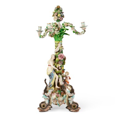 View full screen - View 1 of Lot 233. A massive Meissen Porcelain flower-encrusted three-light candelabra, Late 19th century.