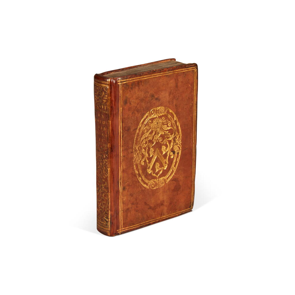 View full screen - View 1 of Lot 113. Doni, La filosofia morale, Venice, 1567, contemporary French polished tan calf gilt with arms of Nicolas Moreau d'Auteuil.