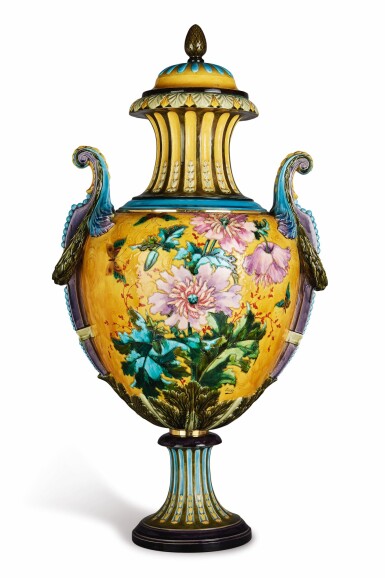 View full screen - View 1 of Lot 313. A large Theodore Deck-style amber-ground vase and cover, Late 19th century.