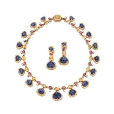 View full screen - View 1 of Lot 98. Sapphire, yellow sapphire, spinel and diamond demi-parure (Demi-parure in zaffiri, zaffiri zaffiri gialli, spinelli e diamanti).