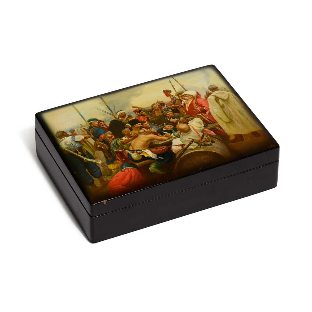 View full screen - View 1 of Lot 53. A Soviet Fedoskino lacquer box, painted by Antony V.D. after Repin, 1965.