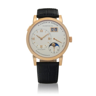 View full screen - View 1 of Lot 1. Lange 1 Mondphase, Ref. 192.032, Pink gold wristwatch with digital date display, moon phases, day/night and power-reserve indication Circa 2017 | 朗格 | 192.032型號「Lange 1 Mondphase」粉紅金腕錶備數字日期、月相、晝夜及動力儲存顯示,約2017年製.