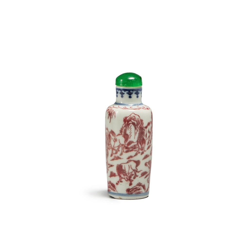 View full screen - View 1 of Lot 24. A copper-red and underglaze-blue 'horse' snuff bottle, Qing dynasty, 19th century.