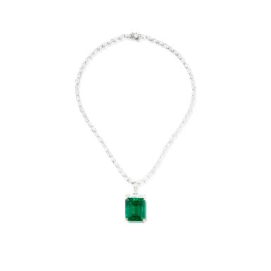 View full screen - View 1 of Lot 656. Emerald and diamond brooch/pendent necklace.