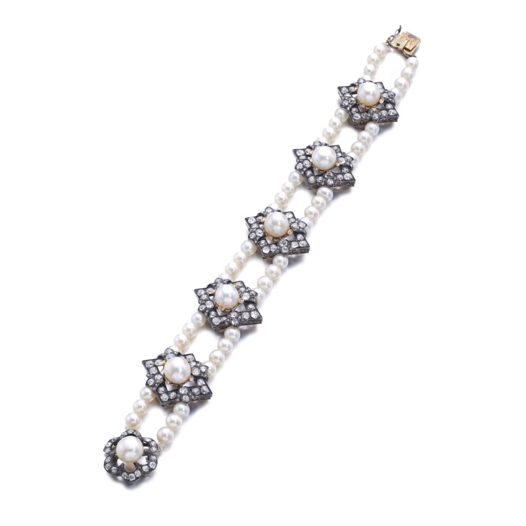 View full screen - View 1 of Lot 737. Natural pearl, pearl and diamond bracelet, late 19th century and later .