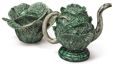 View full screen - View 1 of Lot 151. A PORTUGUESE MAJOLICA SNAKE AND CABBAGE-FORM TEAPOT AND COVER, LATE 19TH CENTURY .