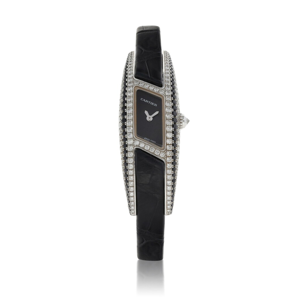 View full screen - View 1 of Lot 8107. Cartier | Himalia, Reference 2571, A white gold, diamond and black diamond-set wristwatch, Circa 2003 | 卡地亞 | Himalia 型號2571 白金鑲鑽石及黑鑽石腕錶,約2003年製.