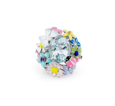 View full screen - View 1 of Lot 205. Bague aigue-marine, émail, pierres de couleur et diamant, "Diorette" | Aquamarine, enamel, gem set and diamond ring, 'Diorette'.