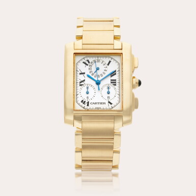 View full screen - View 1 of Lot 499. Reference 1830 Tank Française | A yellow gold chronograph wristwatch with date and bracelet, Circa 2010.