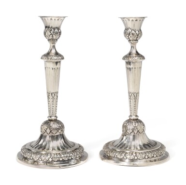 View full screen - View 1 of Lot 113. A PAIR OF ITALIAN SILVER CANDLESTICKS, GENOA, CIRCA 1830.