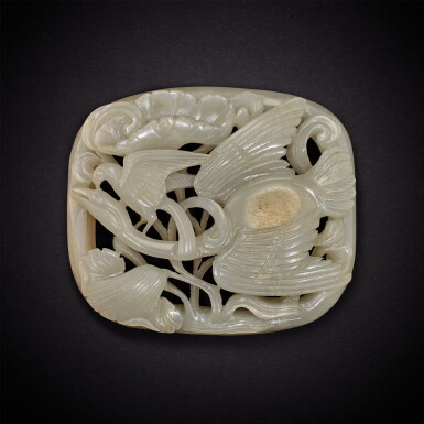 View full screen - View 1 of Lot 3528. A pale celadon jade reticulated 'goose' belt plaque, Jin - Yuan dynasty | 金至元 青白玉春水圖帶飾.