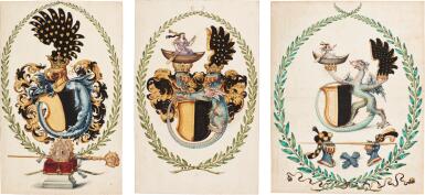 View full screen - View 1 of Lot 80. GERMAN SCHOOL, 17TH CENTURY | THREE ELABORATE COATS OF ARMS.