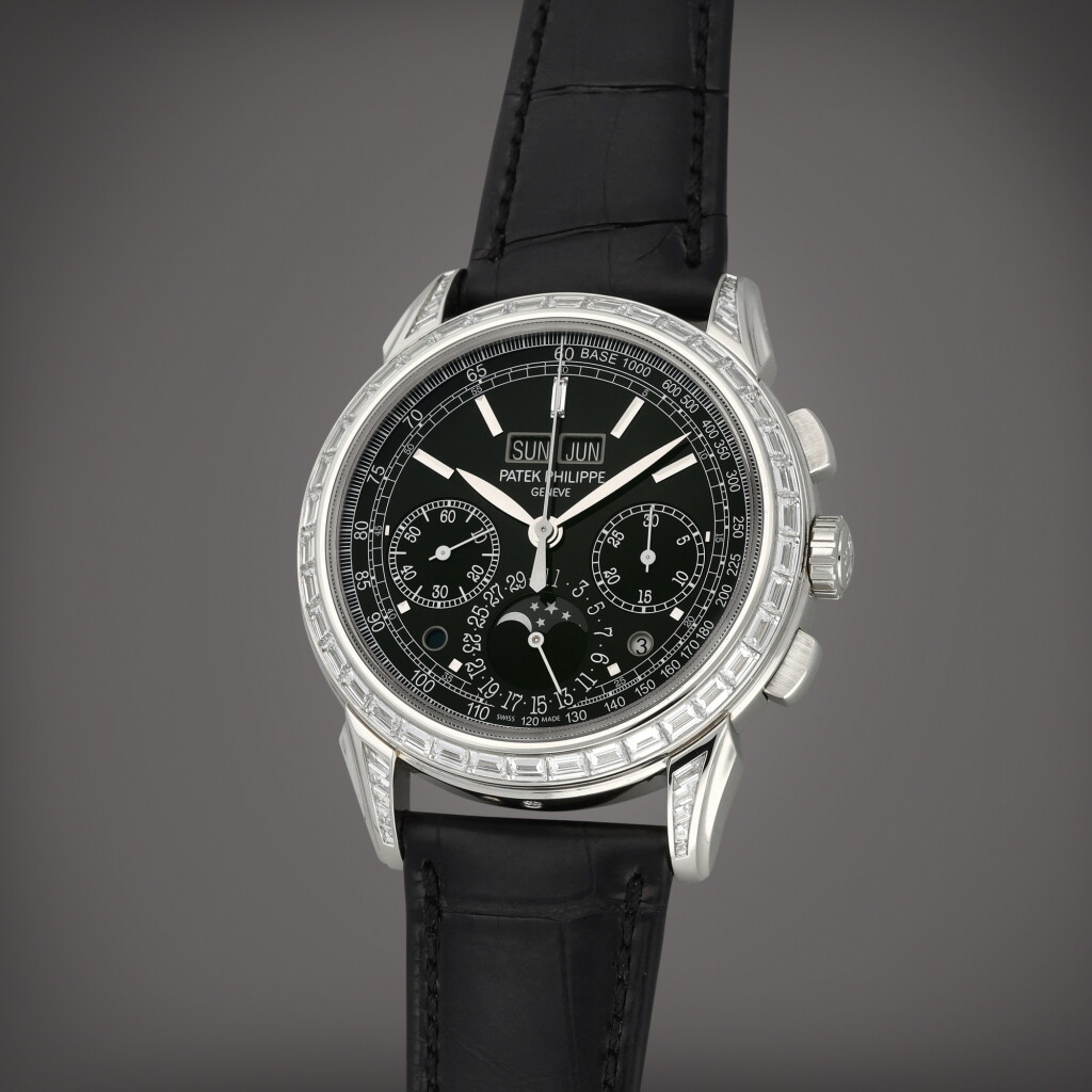 View full screen - View 1 of Lot 10. Reference 5271P-001 | A platinum and diamond-set perpetual calendar chronograph wristwatch with moon phases, day/night and leap year indication | Circa 2021.