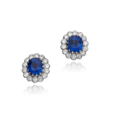 View full screen - View 1 of Lot 164. Pair of sapphire and diamond earrings.