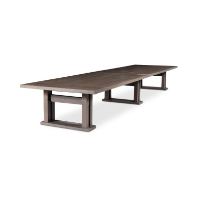 View full screen - View 1 of Lot 472. Christian Liaigre (1943 - 2020), A very large stained hardwood 3-pedestal rectangular dining table | Christian Liaigre (1943 - 2020), Sehr großer Esstisch auf drei Sockeln aus gebeiztem Hartholz.