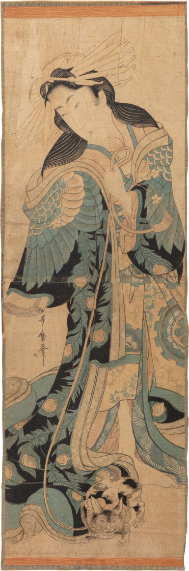 View full screen - View 1 of Lot 211. Kitagawa Utamaro II (d. circa 1831), Courtesan with cat on leash, Japan, Edo period, 19th century | 日本 江戶時代 十九世紀 喜多川歌麿 《猫をひく花魁》 木刻版畫.