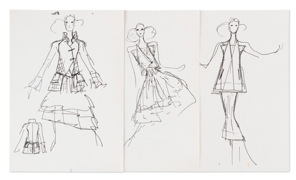 View full screen - View 1 of Lot 27. Three original sketches for fashion |Trois croquis de mode originaux.