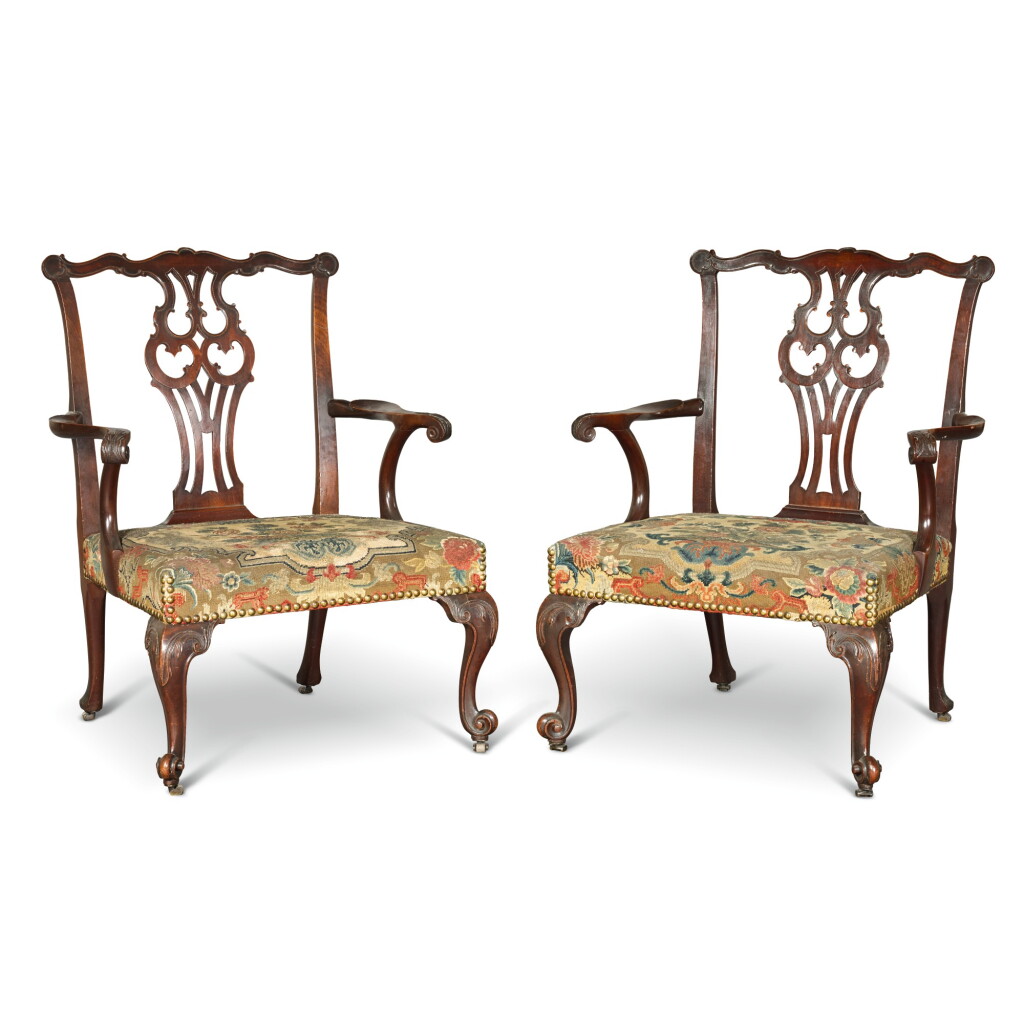 View full screen - View 1 of Lot 49. A PAIR OF GEORGE II CARVED MAHOGANY OPEN ARMCHAIRS, CIRCA 1755.