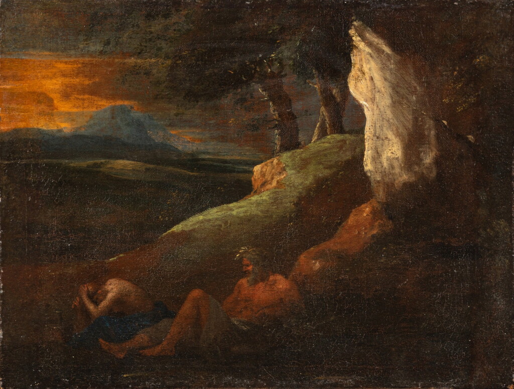 View full screen - View 1 of Lot 55. Landscape with a nymph and a river God | Paysage à la nymphe et au dieu fleuve.