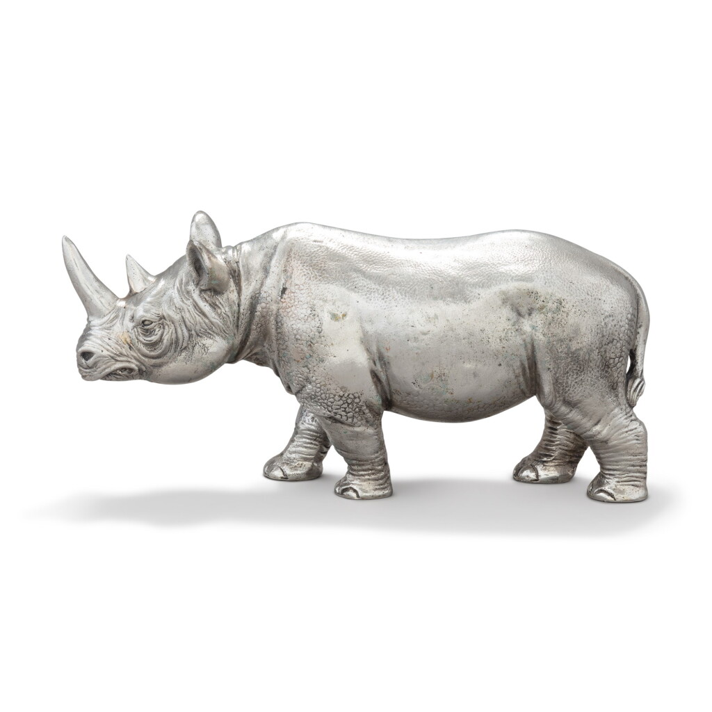 View full screen - View 1 of Lot 35. A silver black rhinoceros, Bry, Paris, circa 1950 | Rhinocéros noir en argent par Bry, Paris, vers 1950.