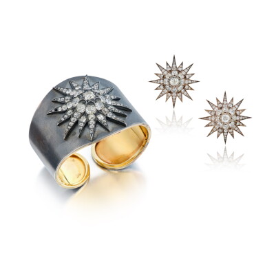 View full screen - View 1 of Lot 95. Silver-Topped Gold and Diamond Cuff-Bracelet and Pair of Earclips.