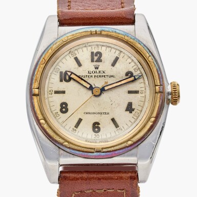View full screen - View 1 of Lot 599. Reference 3372 'Bubbleback' | A stainless steel and yellow gold automatic wristwatch, Circa 1946.