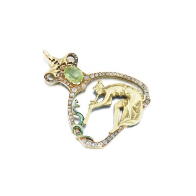 View full screen - View 1 of Lot 20. Enamel, peridot and diamond pendant .