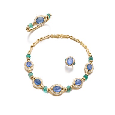 View full screen - View 1 of Lot 211. Sapphire, emerald and diamond parure | 寶格麗 | 藍寶石配祖母綠及鑽石首飾套裝.