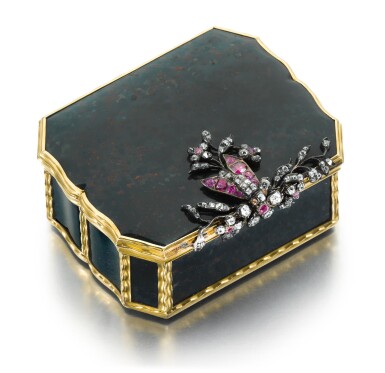 View full screen - View 1 of Lot 38. A bloodstone snuff box with jewelled gold mounts, German, circa 1760 and later.