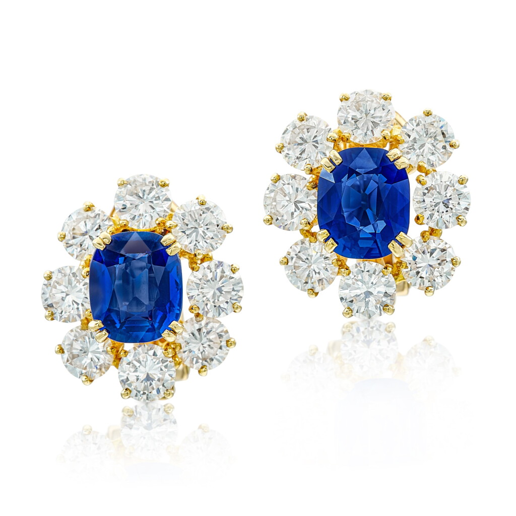 View full screen - View 1 of Lot 1721. Pair of Sapphire and Diamond Earrings | 寶詩龍 | 3.11 及 2.99克拉 天然「喀什米爾」未經加熱藍寶石 配 鑽石 耳環一對.