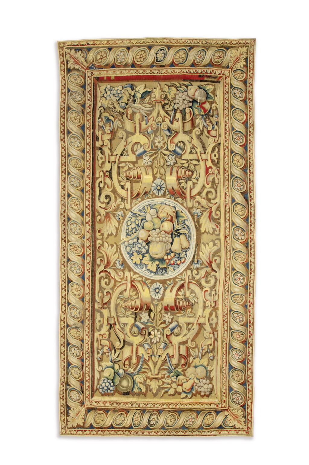 View full screen - View 1 of Lot 108. A RARE FLEMISH WOOL AND SILK WOVEN TABLE CARPET, LATE 16TH/EARLY 17TH CENTURY, BRUSSELS, REYMBOUTS WORKSHOP | RARE TAPIS DE TABLE TISSÉ EN LAINE ET SOIE, FIN XVIE/ DÉBUT XVIIE SIÈCLE, FLANDRES, BRUXELLES, ATELIER REYMBOUTS.