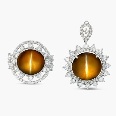 View full screen - View 1 of Lot 1339. Cat’s Eye Chrysoberyl and Diamond Ring and Pendant | 16.02 及 8.02克拉 天然 「斯里蘭卡」未經處理金綠貓眼石 配 鑽石 戒指 及 掛墜.