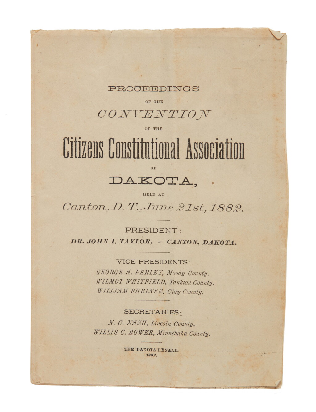 View full screen - View 1 of Lot 17. Dakota Territory | A scarce copy of the proceedings of a one-day convention.