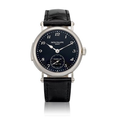 View full screen - View 1 of Lot 2327. Reference 5539 | A white gold minute repeating tourbillon wristwatch with black enamel dial, Circa 2014 | 百達翡麗 | 型號5539 | 白金三問陀飛輪腕錶,備黑色琺瑯錶盤,約2014年製.