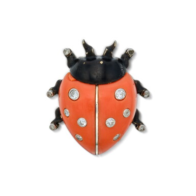 View full screen - View 1 of Lot 261. Coral, Enamel and Diamond 'Coccinelle' Clip, France.