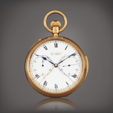 View full screen - View 1 of Lot 62. A large yellow gold open faced minute repeating split seconds chronograph watch with one minute tourbillon and 60-minute register, presented to Bishop Henry Codman Potter by John Pierpont Morgan, 1897 and sold in 1898, movement number 08617 | Charles Frodsham & Co 大型黃金三問報時追針計時懷錶,備一分鐘陀飛輪及60分鐘顯示,1897年由 John Pierpont Morgan 贈予 Henry Codman Potter 主教,1898年售出,機芯編號 08617.