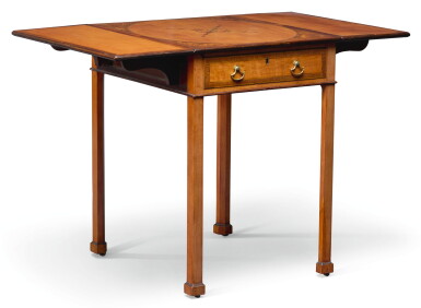 View full screen - View 1 of Lot 107. A GEORGE III SATINWOOD AND MARQUETRY PEMBROKE TABLE, LATE 18TH CENTURY.