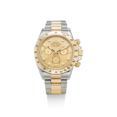 View full screen - View 1 of Lot 607. ROLEX | COSMOGRAPH DAYTONA, REFERENCE 116523, A STAINLESS STEEL, YELLOW GOLD AND DIAMOND-SET CHRONOGRAPH WRISTWATCH WITH BRACELET, CIRCA 2005.