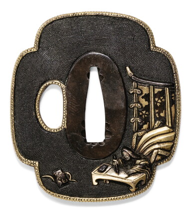 View full screen - View 1 of Lot 191. TSUBA EN FER INCRUSTÉ D'OR JAPON, ÉPOQUE EDO/MEIJI | A moko-shaped iron tsuba inlaid in gold, Edo/Meiji period.