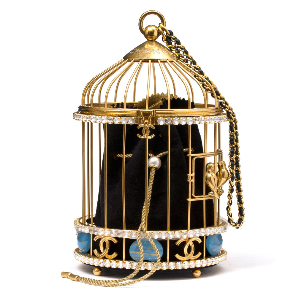 View full screen - View 1 of Lot 1017. Gold Lambskin, Strass and Enamel Bird Cage Minaudière Gold Hardware, 2020.